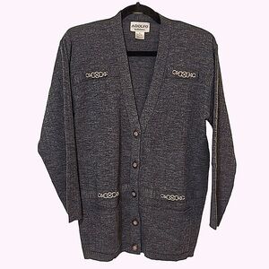 Adolfo Collection Gray Vintage Lambswool Blend Cardigan Sweater Metal Details M